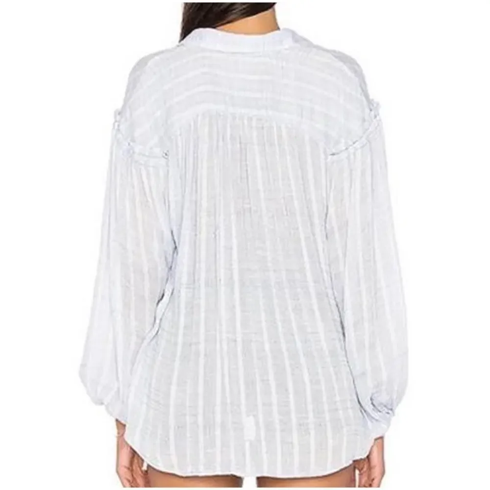 Free People Headed‎ To The Highlands Blue White Gauzy Shirt Womens Size XS Boho